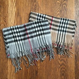 2 scarves lot plaid check tan gray red black white